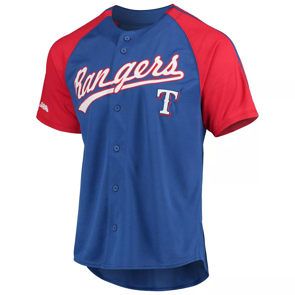 Men's Stitches Royal Texas Rangers Button-Down Raglan Replica Jersey - Image 3