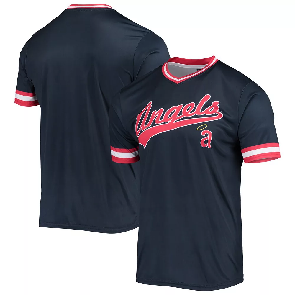 Men's Stitches Navy/Red Los Angeles Angels Cooperstown Collection V-Neck Team Color Jersey - Image 2