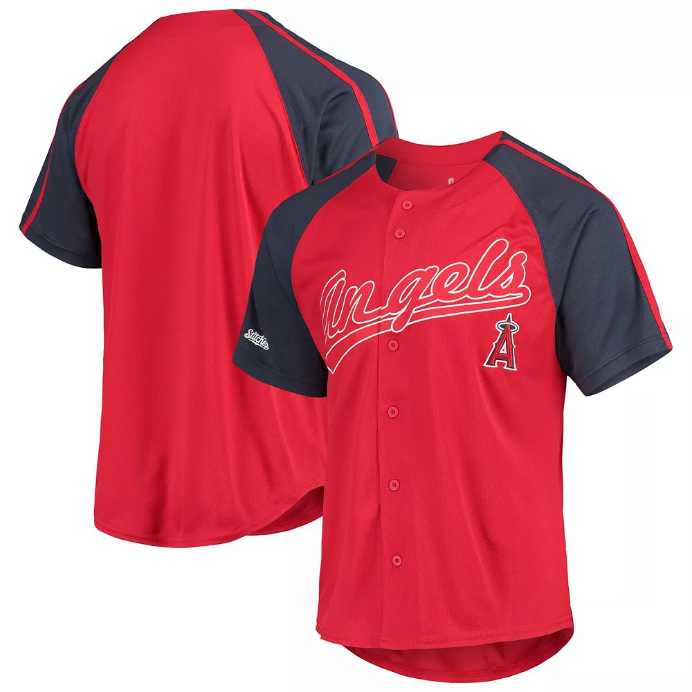 Men's Stitches Red Los Angeles Angels Button-Down Raglan Replica Jersey - Image 2