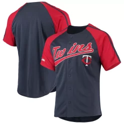 Men's Stitches Navy Minnesota Twins Button-Down Raglan Replica Jersey