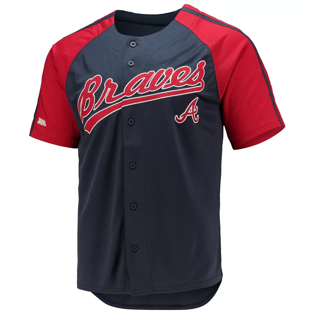 Men's Stitches Navy Atlanta Braves Button-Down Raglan Replica Jersey - Image 3