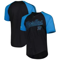 Men's Stitches Black Miami Marlins Team Button-Down Raglan Replica Jersey